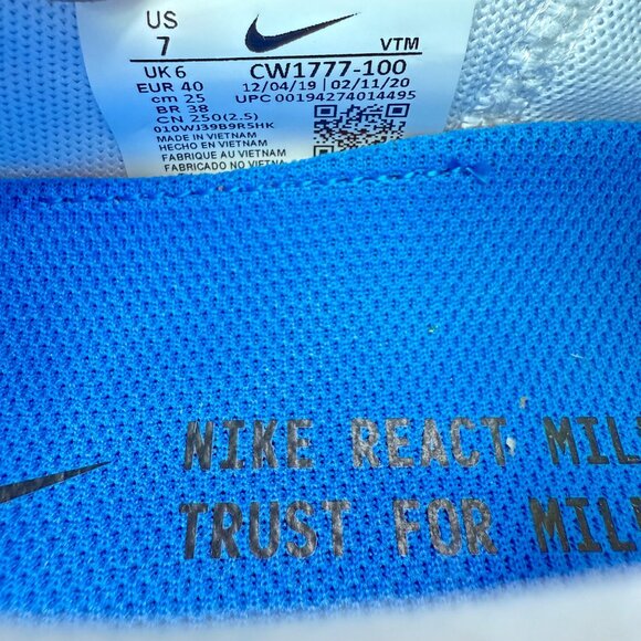 Nike React Miler Mens Running Shoes Size 7 White/Blue/Black - Picture 6 of 9